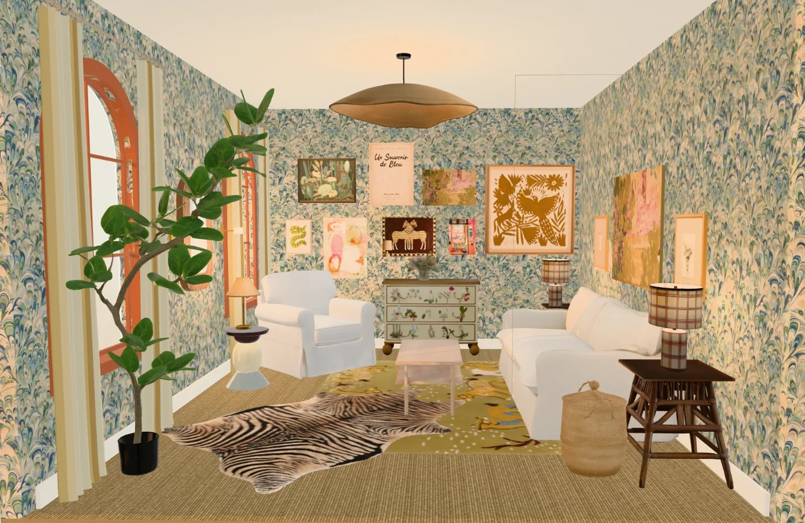 A sitting room in elsewhere: blue marbled wallpaper behind a wall of framed prints, a white sofa and armchair, a zebra hide over a green rug, a flowering tree beside an arched window with orange trim, and a woven pendant light